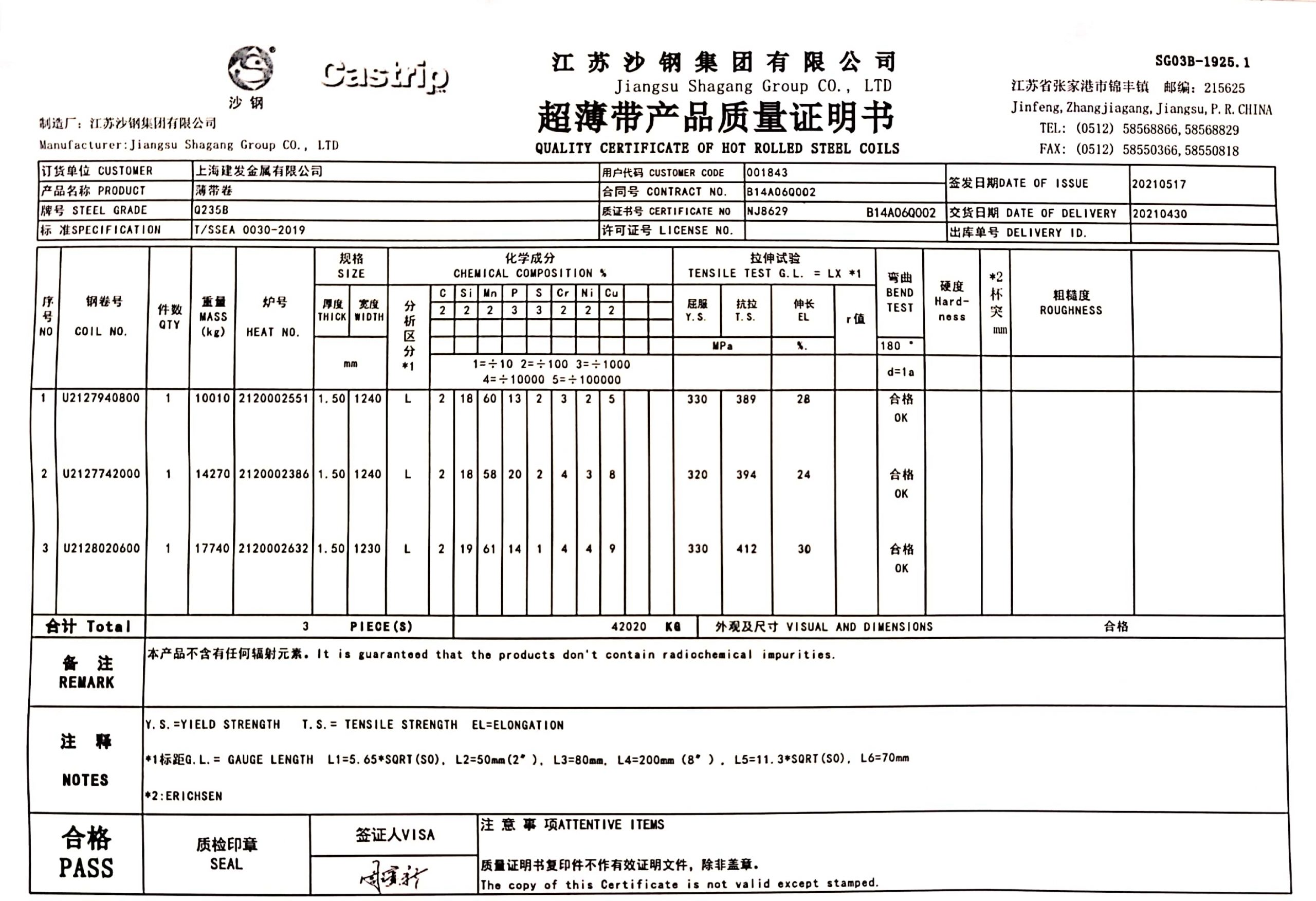 Certificado de calidad de la materia prima